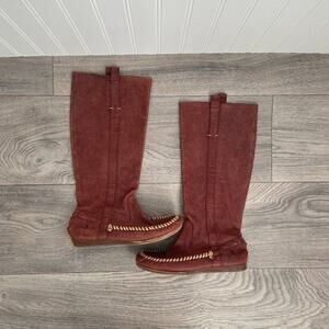 RARE Frye Moccasin Boots Women's 5.5 Red/Brown Leather, Alex Pull On | tribal